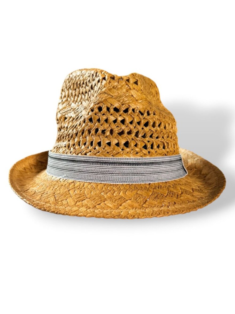 Woven Straw Fedora Hat With Black & White Ribbon Band One Size Adjustable